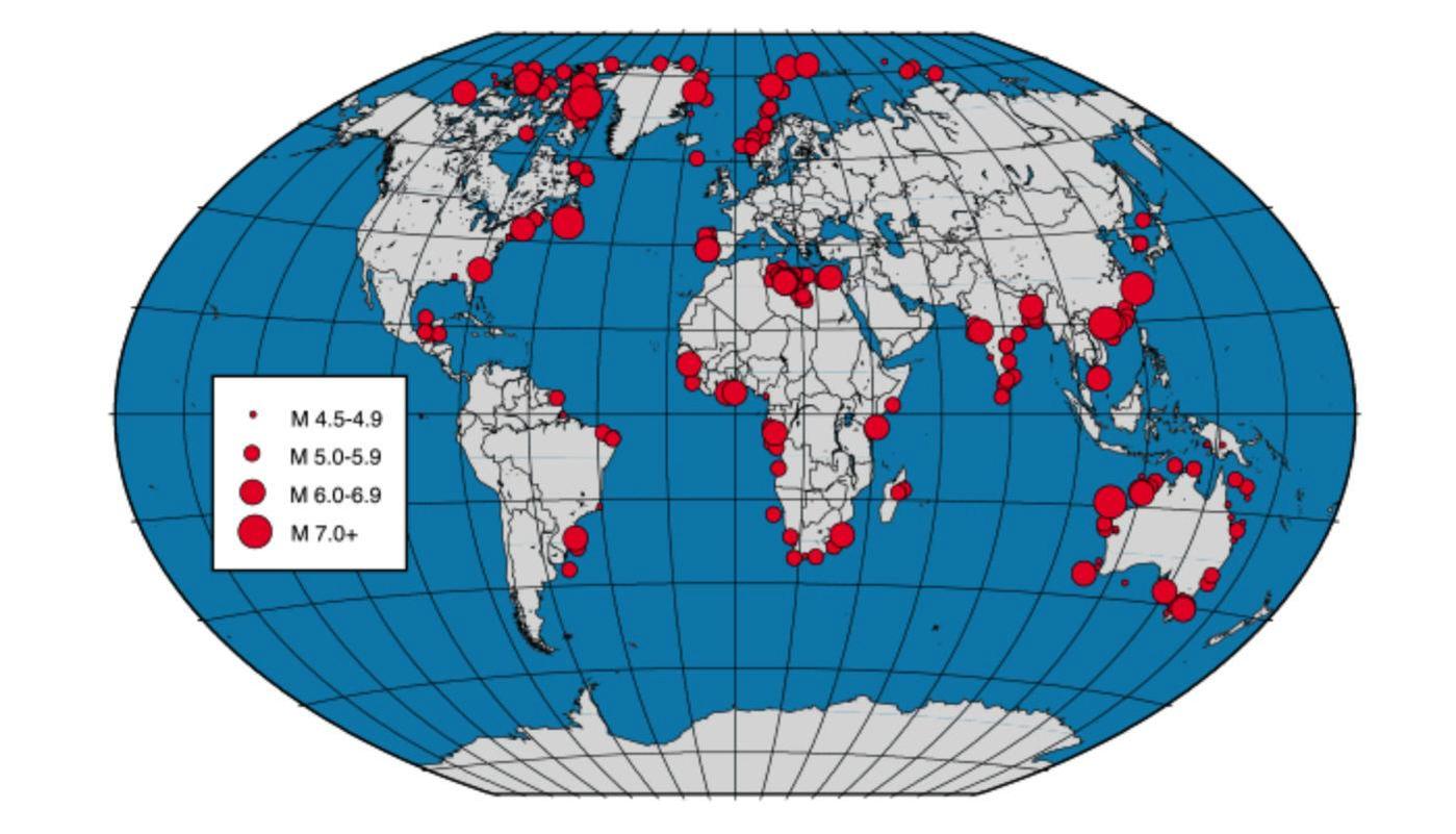 Intraplate earthquakes occur away from plate boundaries along ancient, reactivated faults deep within continental interiors.