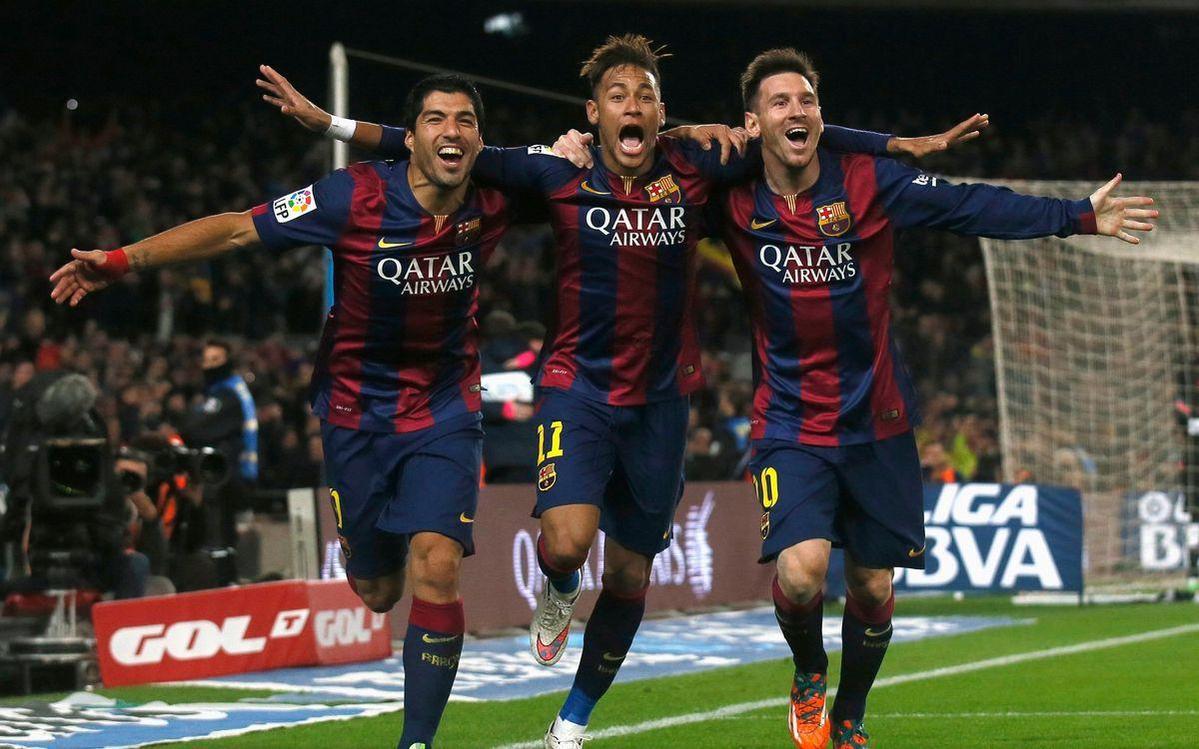Lionel Messi, Luis Suarez, and Neymar celebrating together during their historic run.