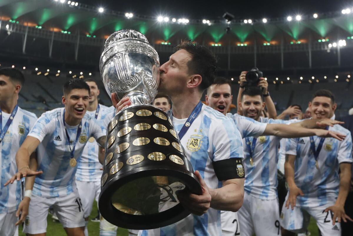 Lionel Messi celebrating Argentina's 2021 Copa America victory.