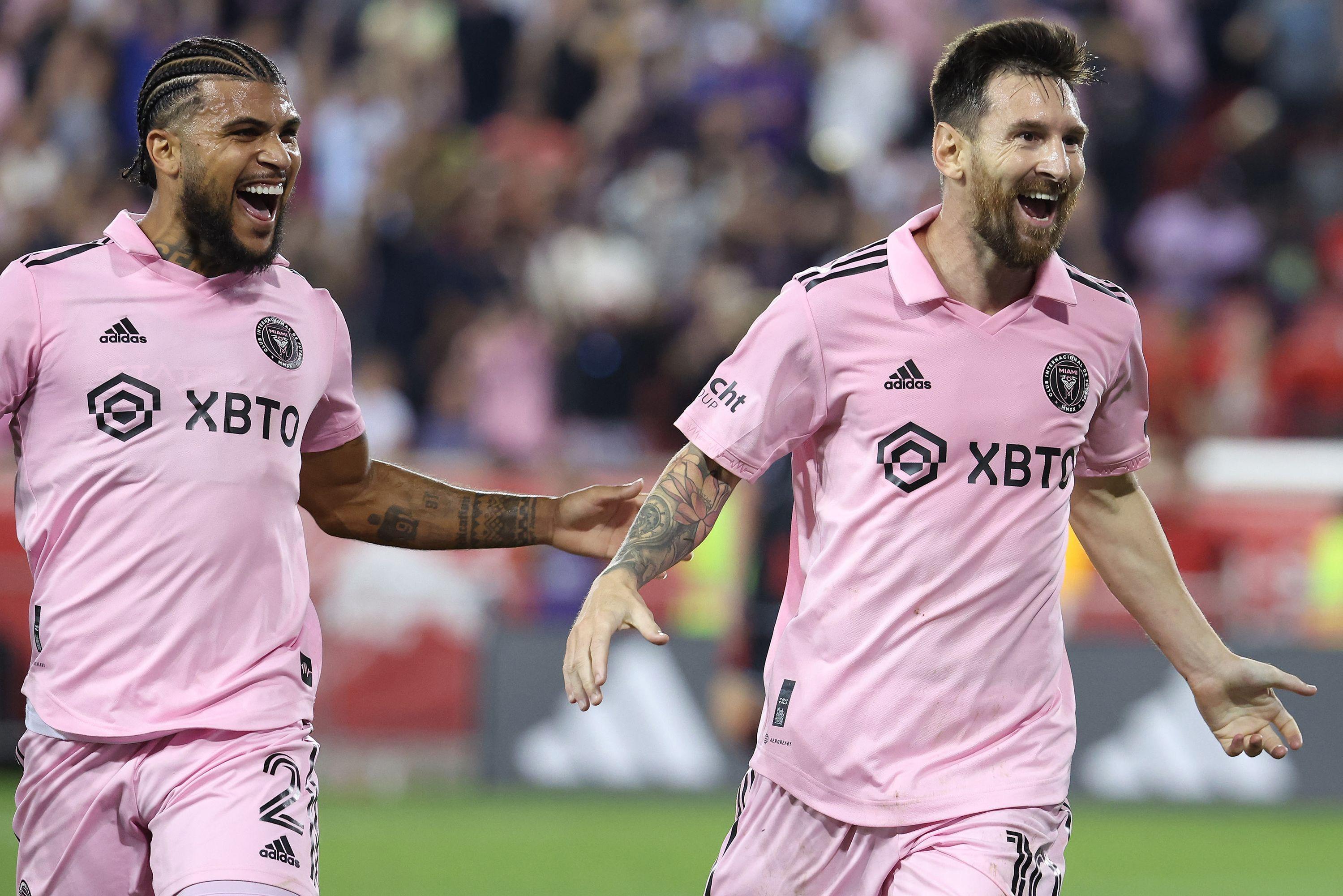 Lionel Messi celebrating his debut with Inter Miami CF.