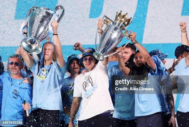General visual reference for The Historic Treble Campaign. Source: Google Images / www.gettyimages.com / Google usage-rights filter; verify source license / https://www.gettyimages.com/editorial-images/sport/event/manchester-city-trophy-parade/775988411