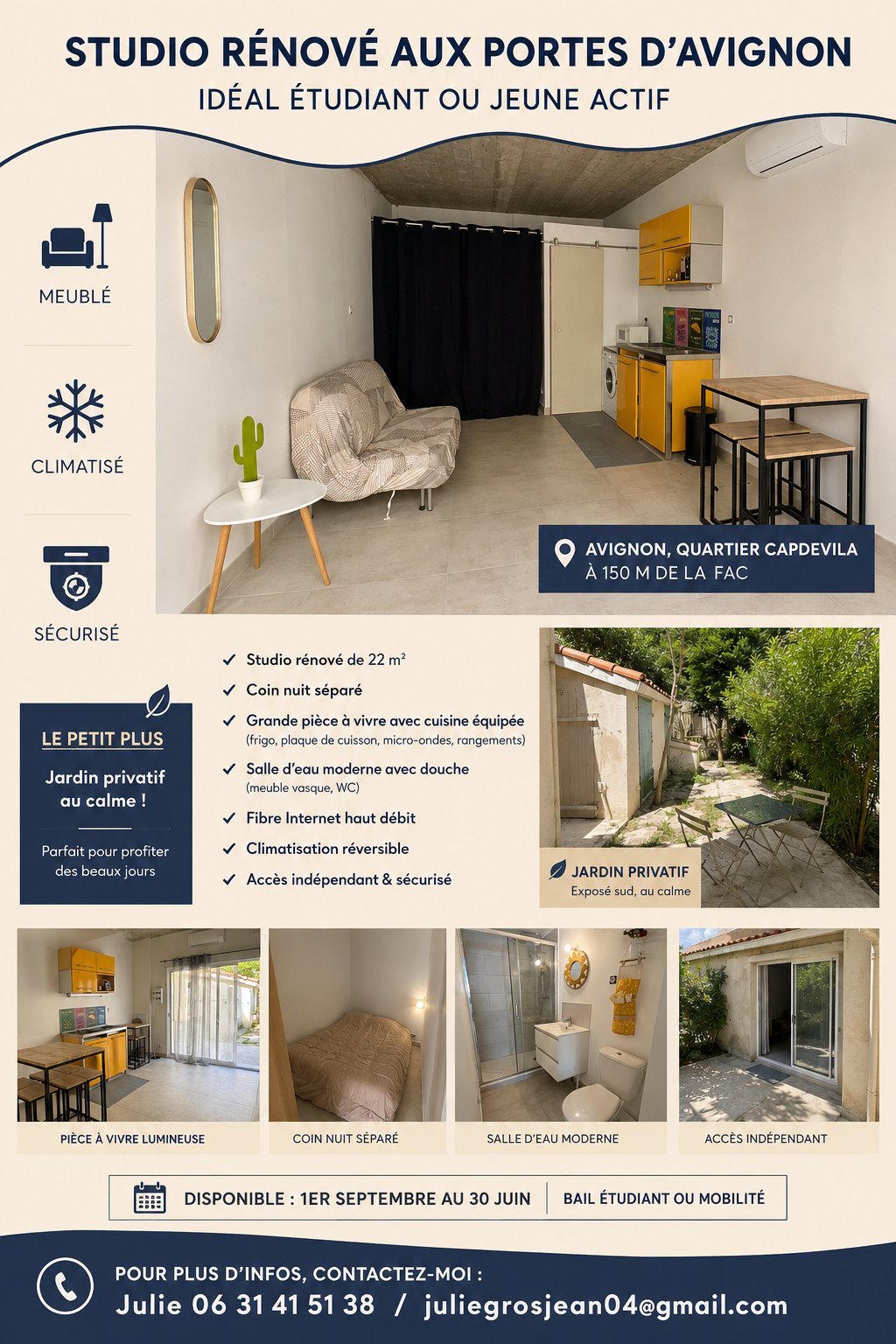 Studio loft neuf 24 m² + terrasse + parking – Bail étudiant – Avignon Capdevila