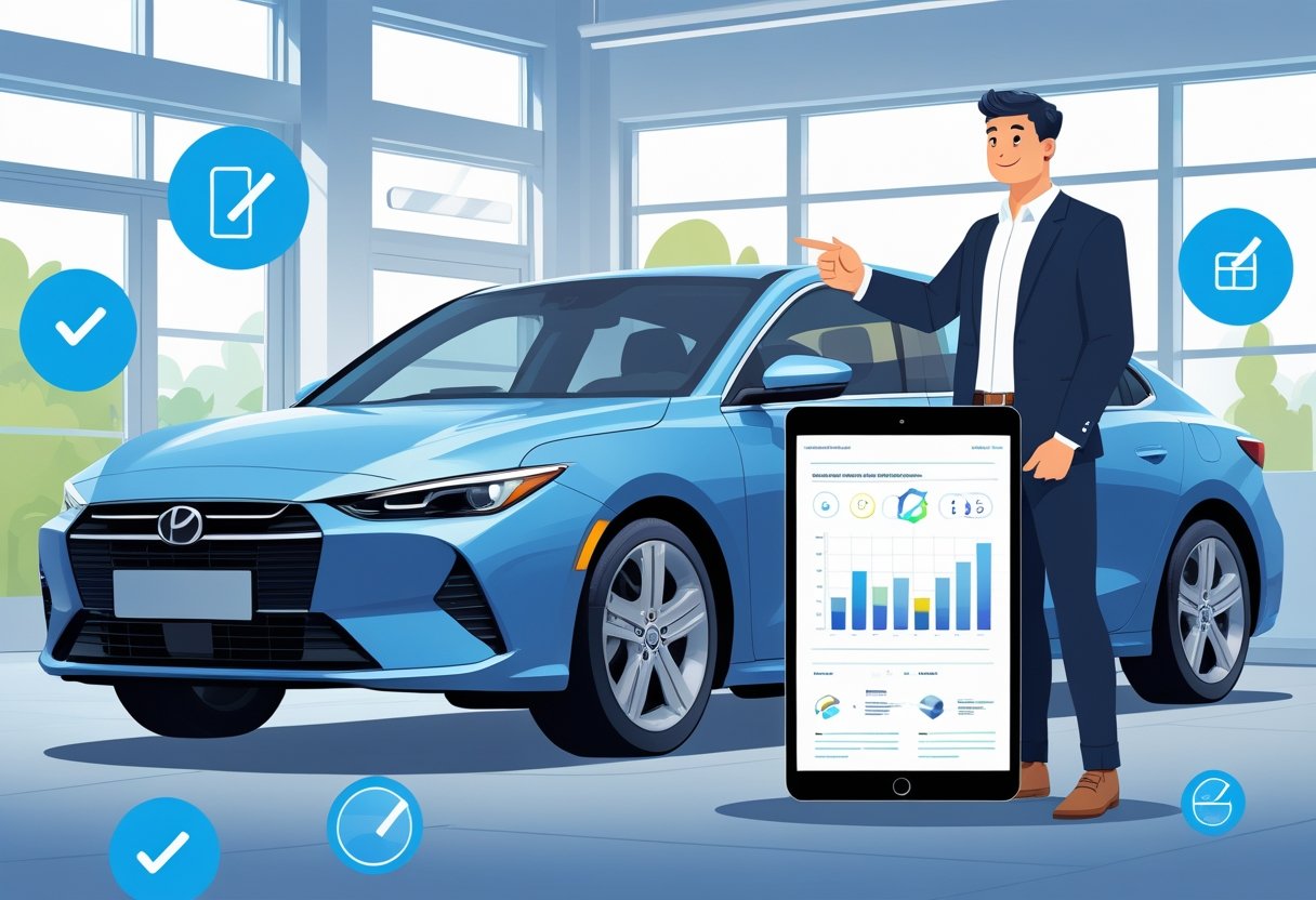 Buyer reviewing a vehicle history report on a tablet next to a used car at dealership, showing accident records, title history, and maintenance data