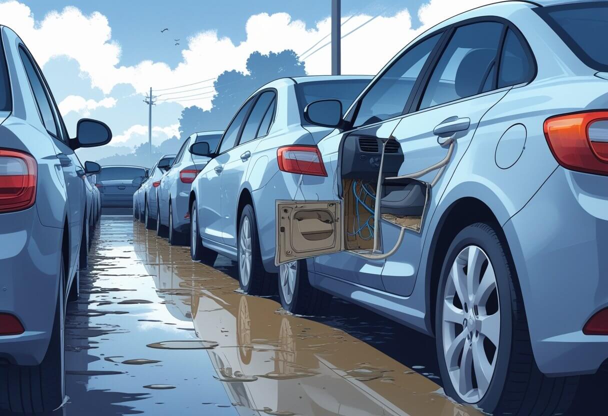Flood-Damaged Cars with Exterior Water Damage Row of flood-damaged cars with visible water and wiring damage on the side door