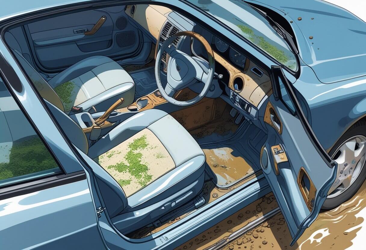 Flood-Damaged Cars with Mold and Interior Damage Interior of a flood-damaged car showing mold, mud, and water stains on seats and carpets