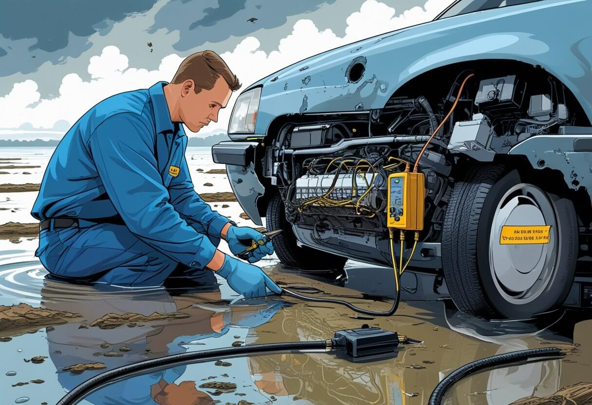 Flood-Damaged Cars Repaired for Electrical Damage Mechanic inspecting electrical wiring of a flood-damaged car after water exposure