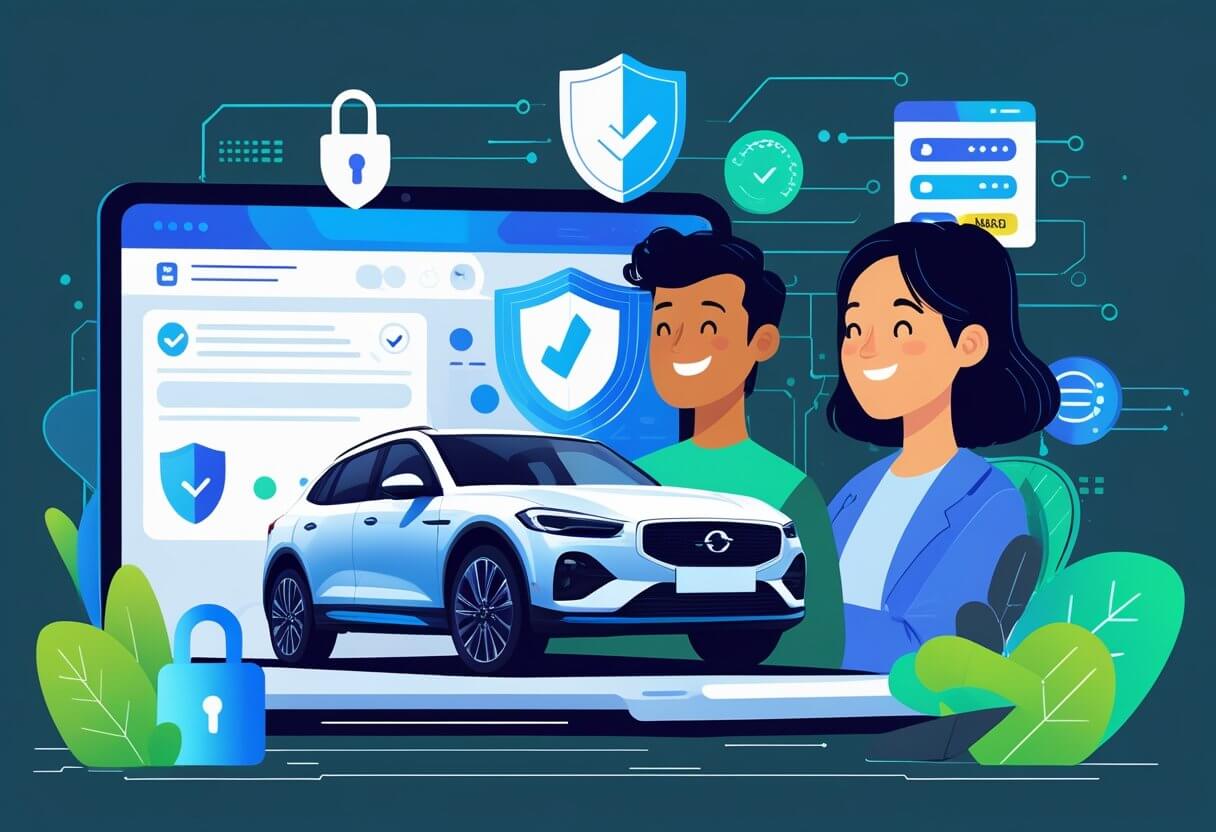 Avoid Car Buying Scams with Online Security Checks Happy car buyers using online security checks to avoid car buying scams and hidden risks