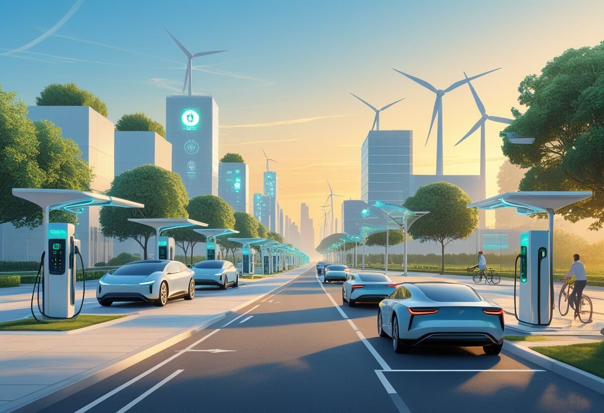 The future of electric vehicles in 2025 relies on fast-charging infrastructure and renewable energy integration for smarter, greener cities. Future of Electric Vehicles 2025 — futuristic EV charging infrastructure powered by renewable energy in a smart city