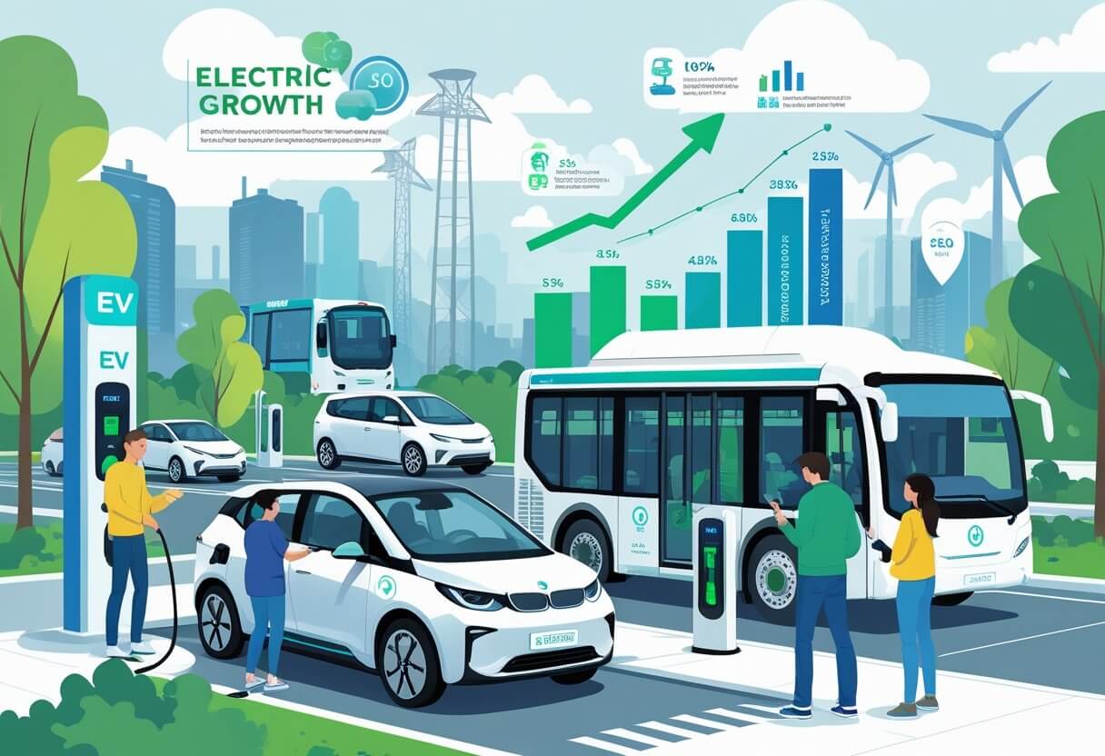 EV adoption in 2025 is accelerating worldwide, with electric buses and cars supported by stronger charging networks and urban infrastructure. Future of Electric Vehicles 2025 — EV adoption growth with electric cars, buses, and charging stations in urban environment