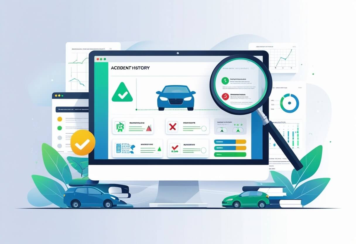 Vehicle Accident History Severity Report - VINspectorAI Accident History Report with magnifying glass highlighting accident severity, vehicle risk factors, and repair history.