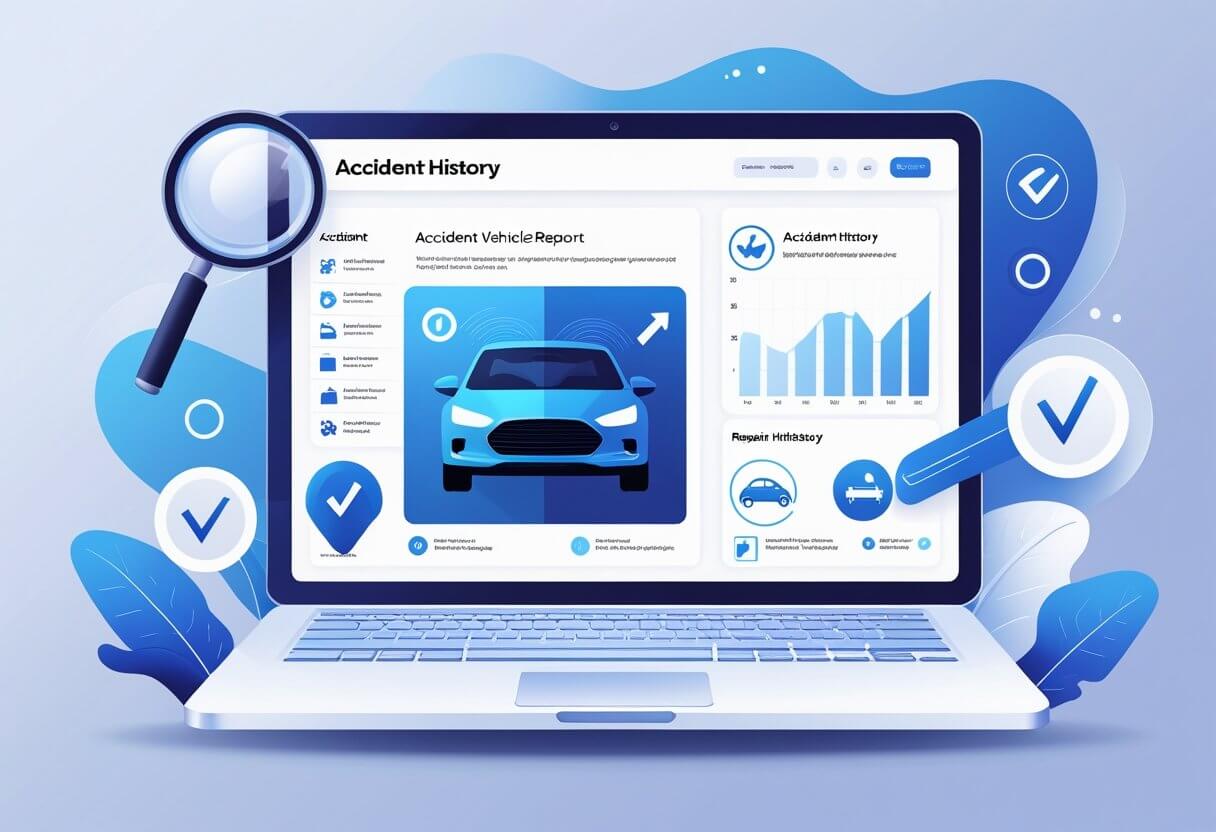 Car Accident History Report and Repair Records - VINspectorAI Laptop screen showing car Accident History Report with repair records, accident timelines, and vehicle damage details.