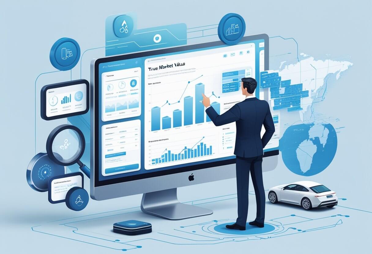 Analyzing True Market Value with VINspectorAI Reports Man in a suit analyzing VINspectorAI True Market Value report with graphs and charts on a large screen.