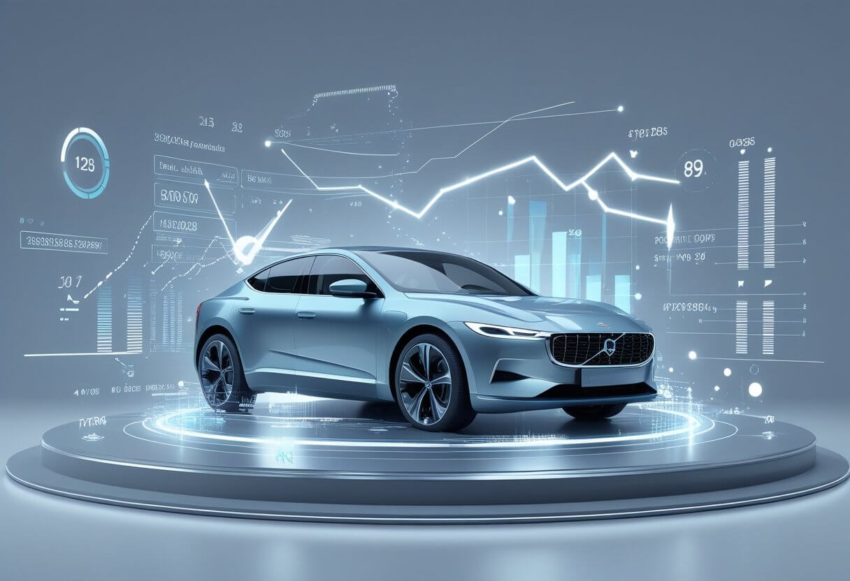 AI-Powered Car Pricing – True Market Value Visualization Futuristic car surrounded by digital market graphs showing AI-powered True Market Value analysis.