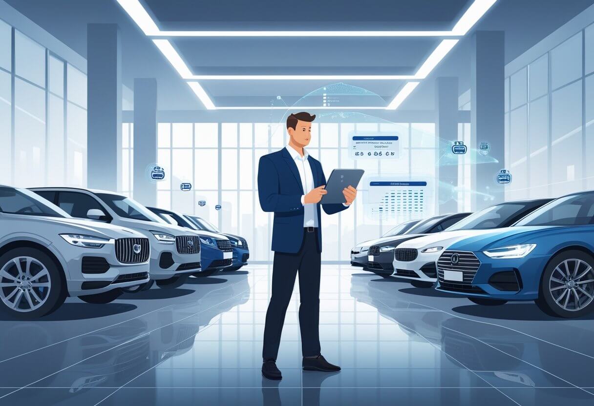 Analyzing True Market Value with VINspectorAI Reports an in a suit analyzing VINspectorAI True Market Value report with graphs and charts on a large screen.