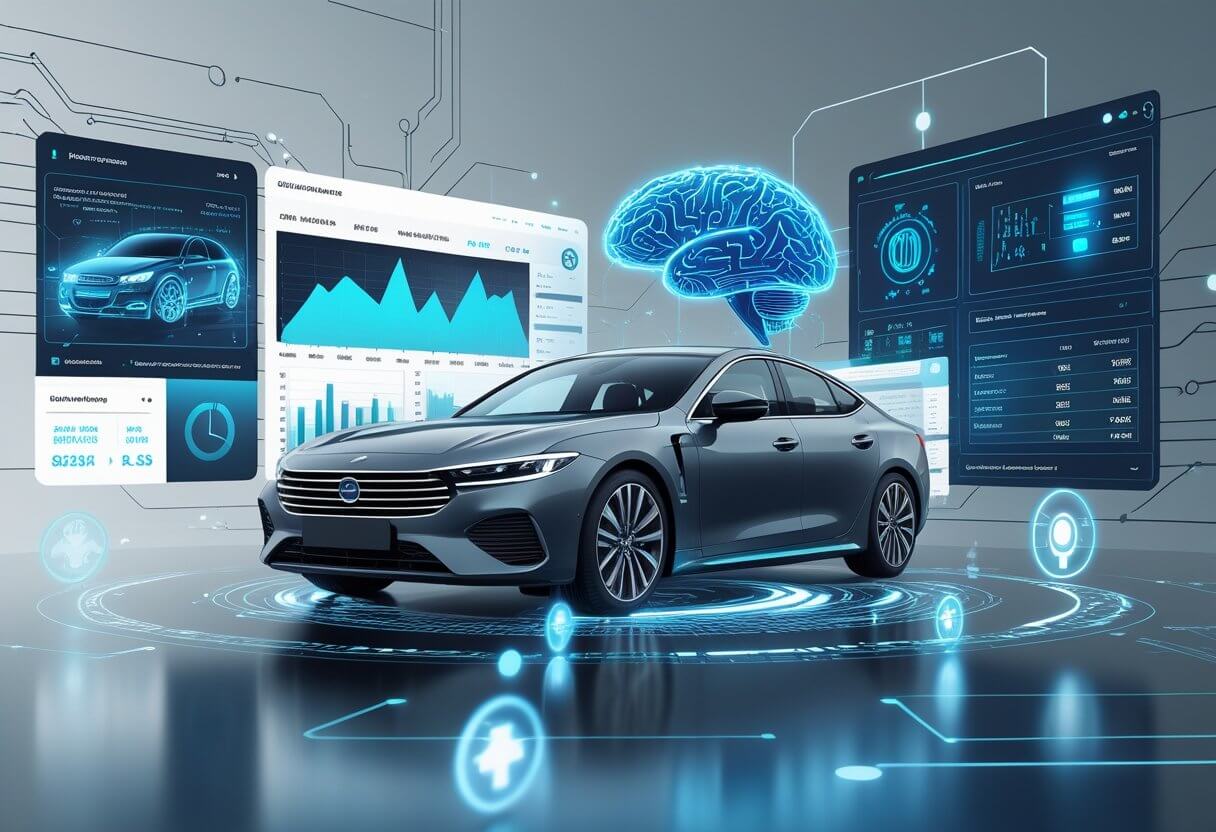 Detailed Vehicle Reports with VINspectorAI AI Insights Car with holographic digital panels showing detailed vehicle reports and AI insights