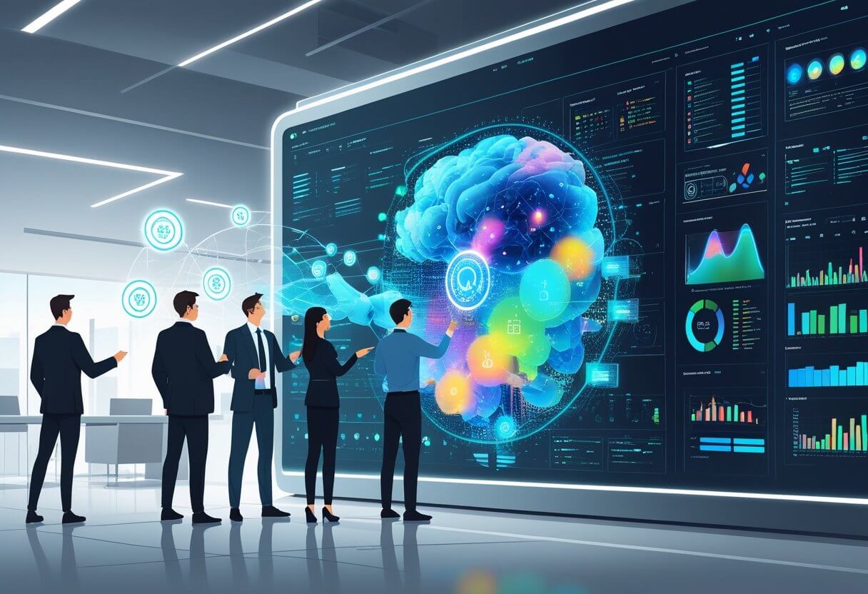 VINspectorAI – Advanced AI Insights for Vehicle History Analysis Team reviewing AI insights and vehicle history analysis on a large digital display