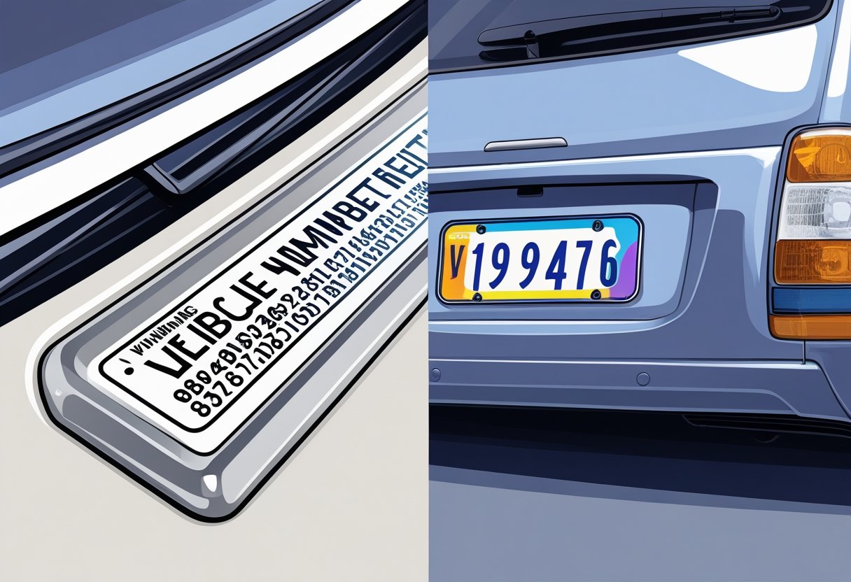 VIN tag close-up next to a license plate for comparison