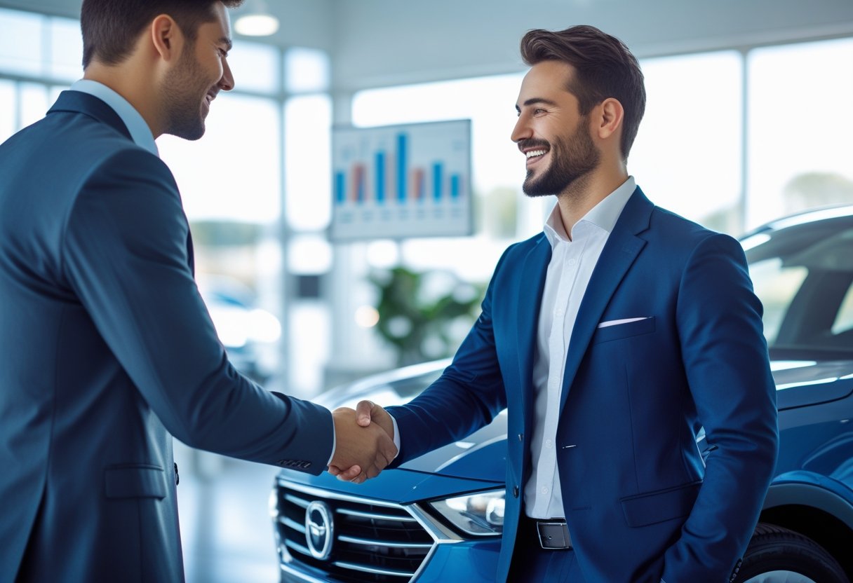 Two men in suits shaking hands after selling a vehicle at a car dealership  Title: Selling a vehicle – business agreement closed with a handshake at dealership