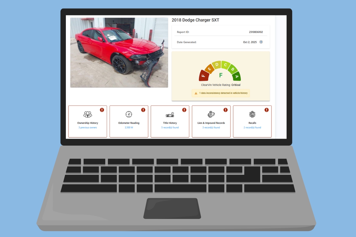 Laptop screen showing a detailed VIN owner lookup report with ownership history, odometer reading, title history, and recalls.