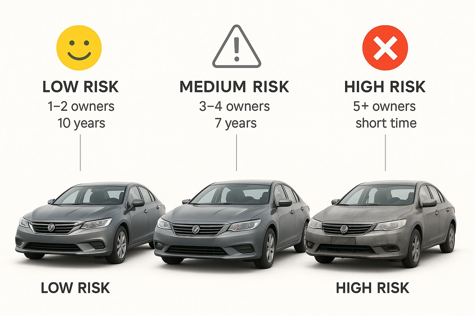 Visual comparison of cars showing low risk with 1–2 owners, medium risk with 3–4 owners, and high risk with 5 or more owners.