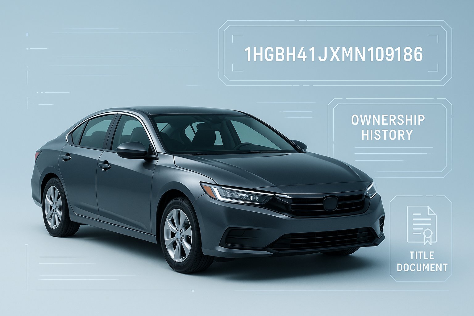 Car with VIN number highlighted and ownership history with title document icons representing vehicle identity verification.