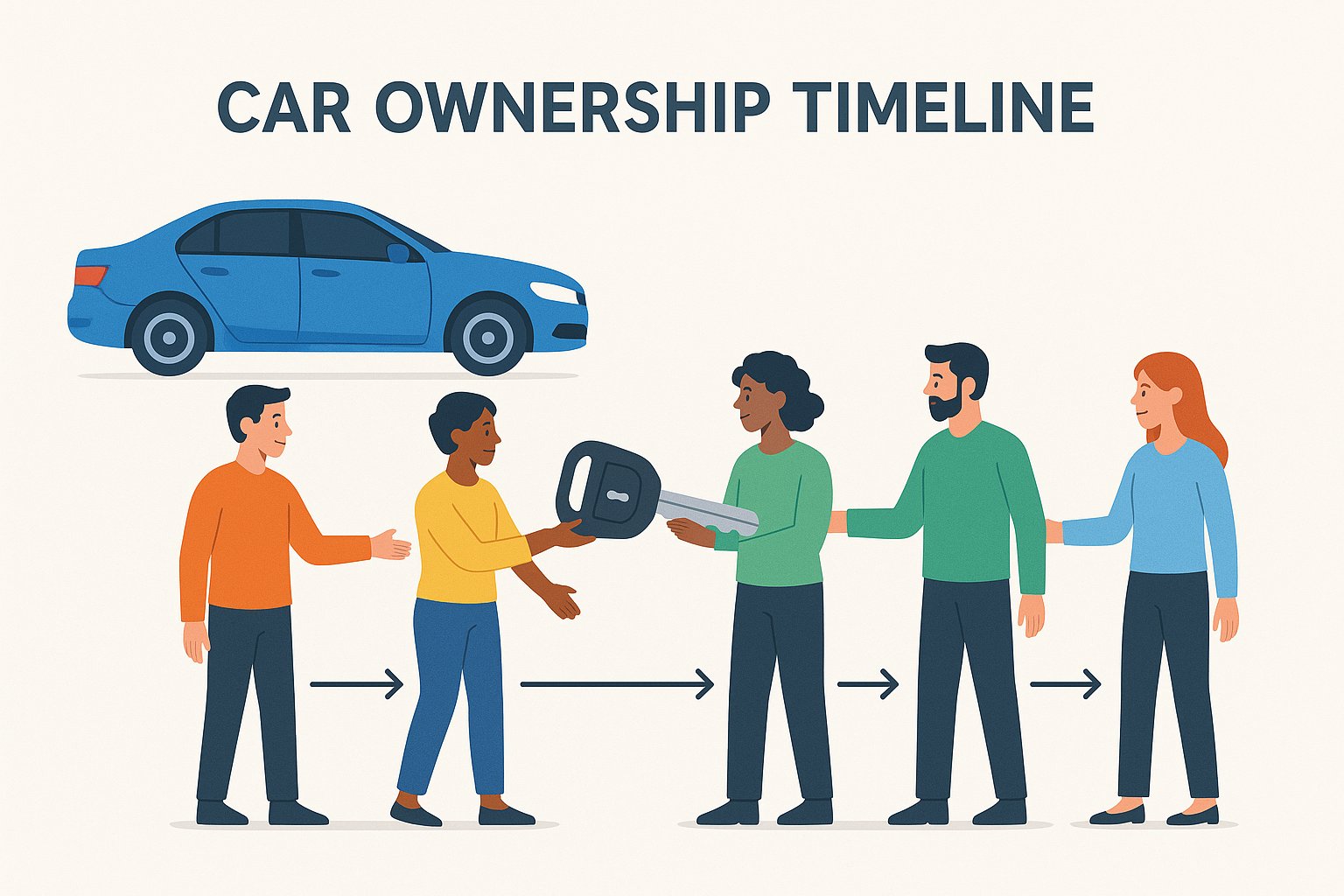 Illustration of previous owner VIN lookup showing multiple ownership transfers and car history timeline.