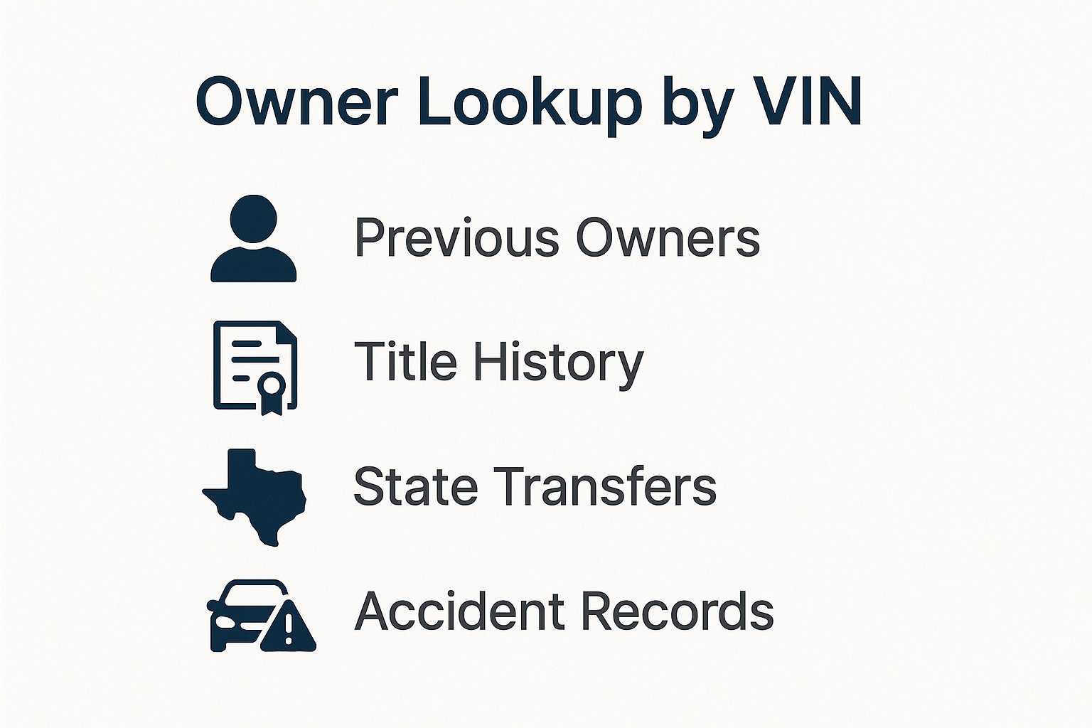 Infographic summarizing vehicle owner VIN lookup with previous owners, title brands, accidents, and state transfers.