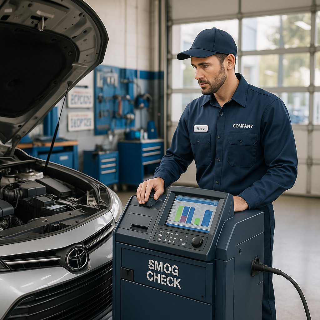 Mechanic performing smog check in California before selling a car in California.