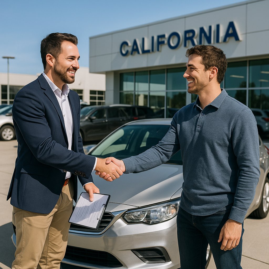 Car seller and buyer shaking hands at California dealership after selling a car in California.
