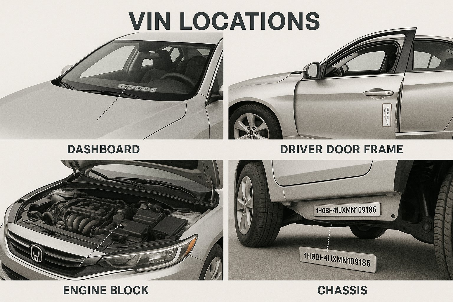 Texas VIN number locations shown on dashboard, driver door frame, engine block, and chassis.