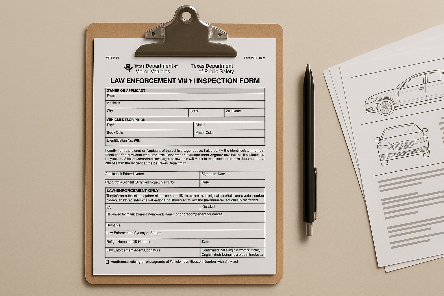 Texas Department of Motor Vehicles VTR-68A VIN inspection form used for vehicle verification.