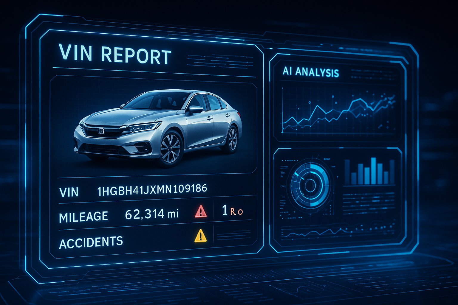 VINspectorAI Texas VIN report dashboard with AI-powered vehicle analysis and history data.