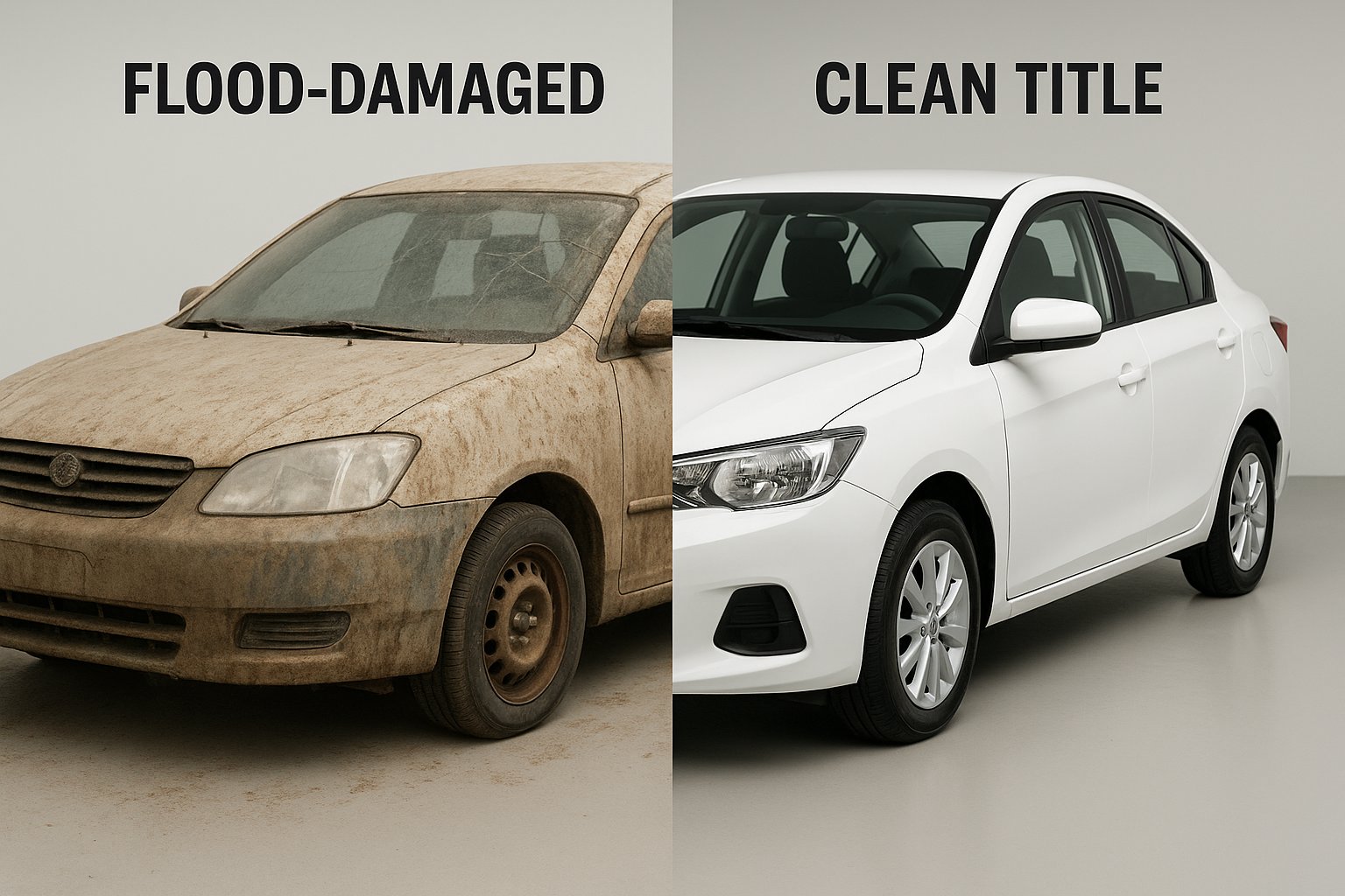 Flood-damaged vs clean title car comparison used in Texas VIN report to detect hidden damage.