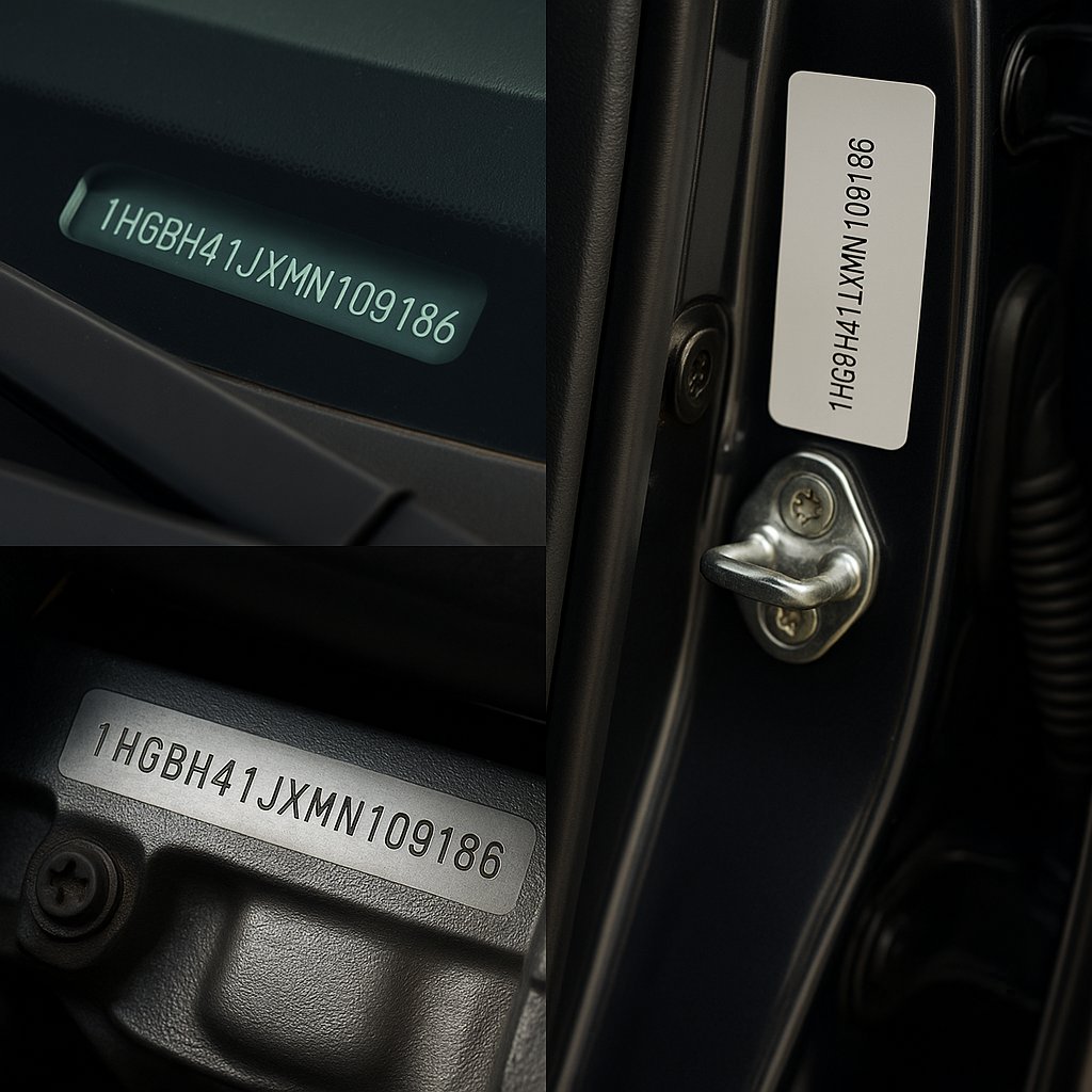 VIN number locations on a Texas car – dashboard, driver door frame, and engine block examples for check vin number texas guide