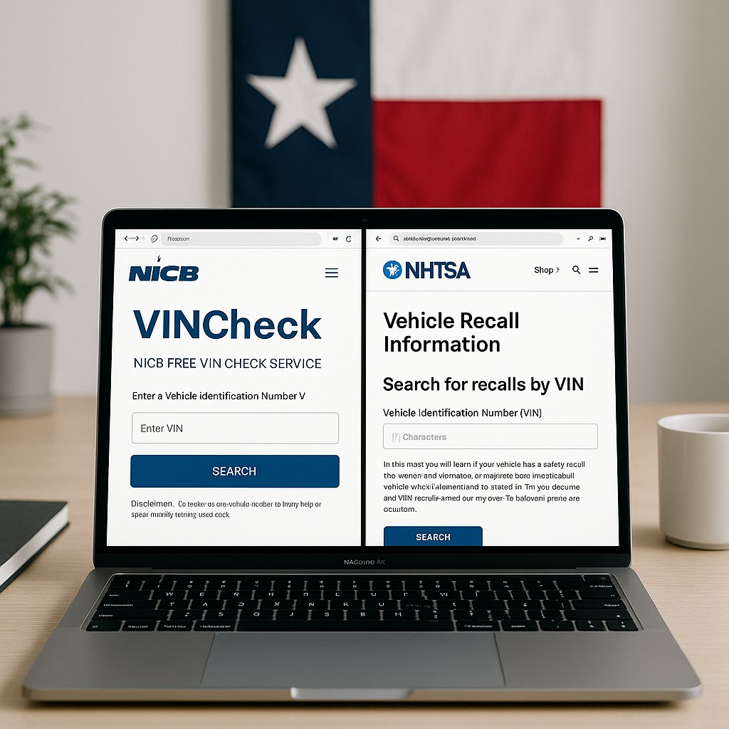 Free VIN check in Texas using NICB VINCheck and NHTSA recall lookup tools on laptop screen