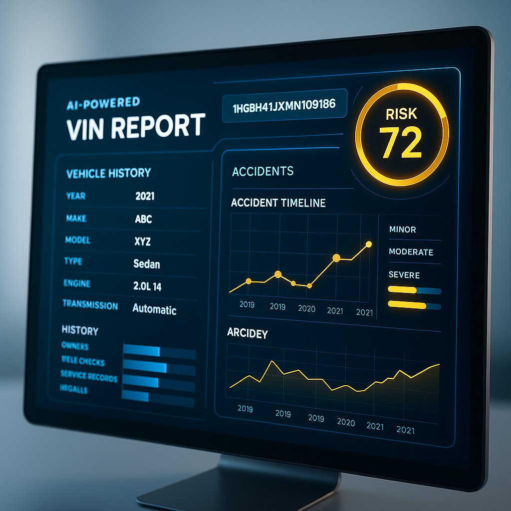 AI-powered VIN report dashboard from VINspectorAI showing accident timeline and risk score during a Texas VIN check