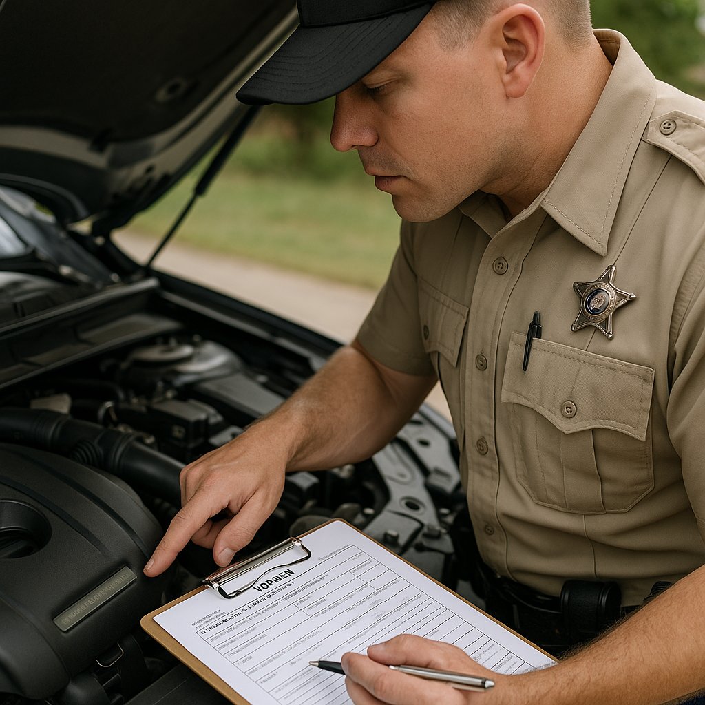 exas law enforcement officer performing VIN inspection with VTR-68A form under car hood
