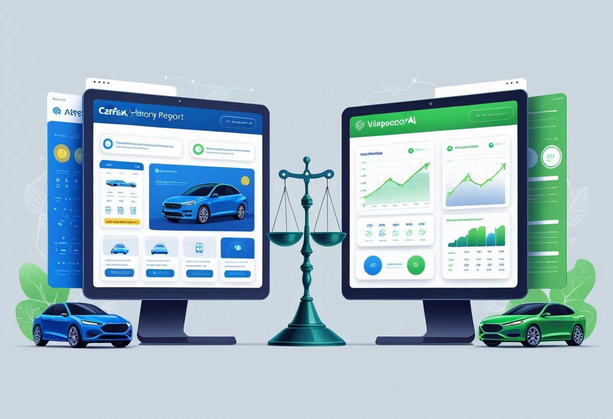 Comparison between Carfax and VINspectorAI vehicle history reports showing balanced features and data insights – best Carfax alternative.