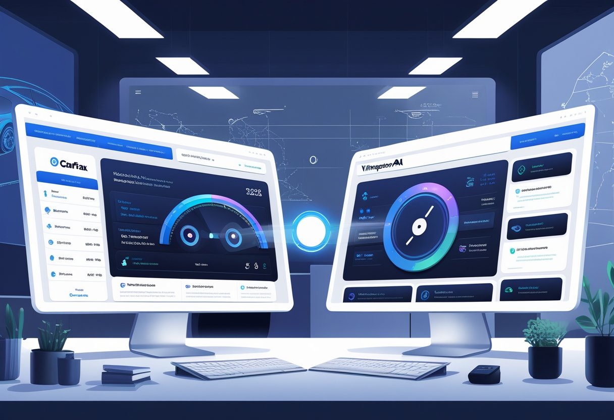 Comparison between Carfax and VINspectorAI vehicle history reports showing balanced features and data insights – best Carfax alternative.