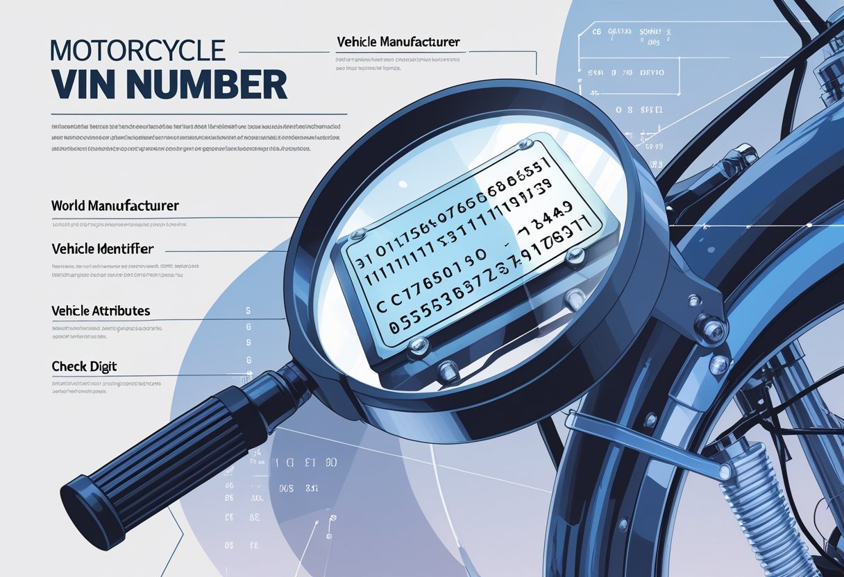 Motorcycle VIN number under magnifying glass with labeled sections explaining manufacturer, attributes, and check digit.