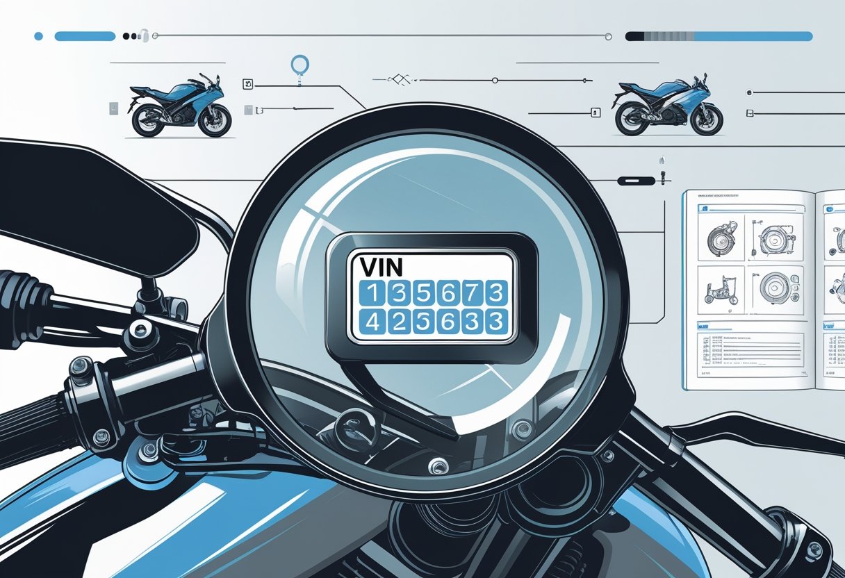 Man decoding motorcycle VIN on laptop showing vehicle details, model, and manufacturer information online.