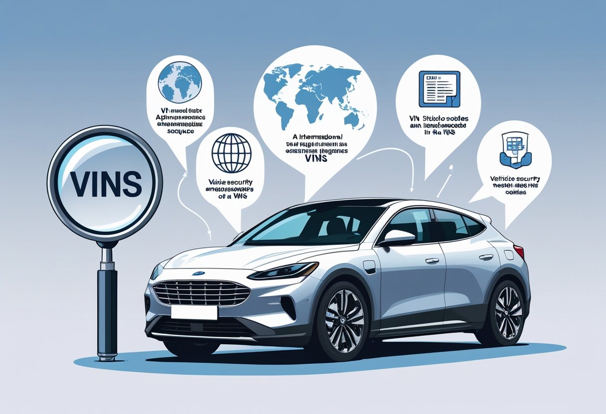 White SUV with infographic balloons explaining global VIN systems, vehicle identification standards, and international VIN data insights.