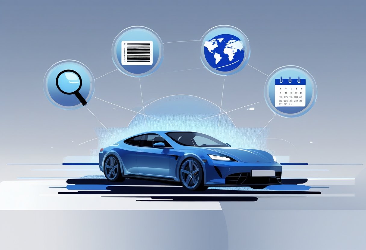 Blue sports car with connected icons representing VIN decoding, production date, global data, and vehicle history tracking.