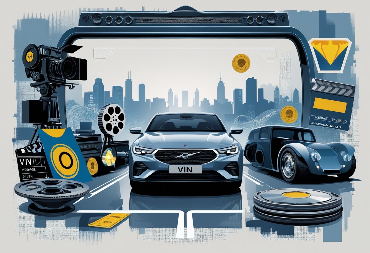 Modern car surrounded by movie equipment symbolizing VIN pop culture references, film industry links, and car history storytelling.