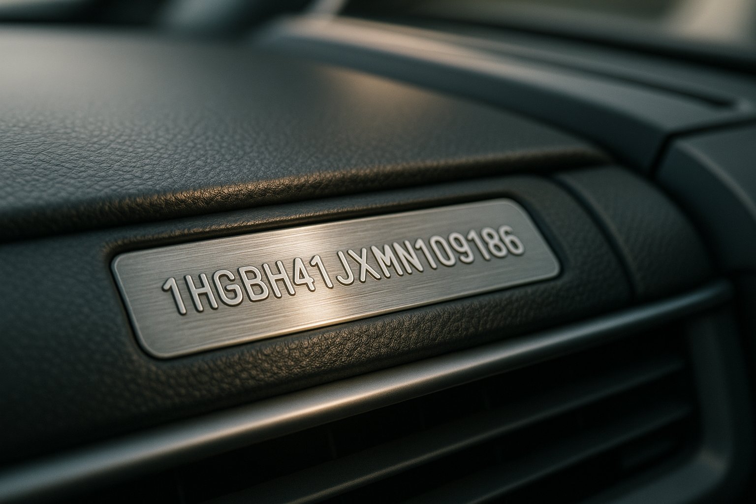 Close-up view of a car’s VIN plate on dashboard – look up VIN history example