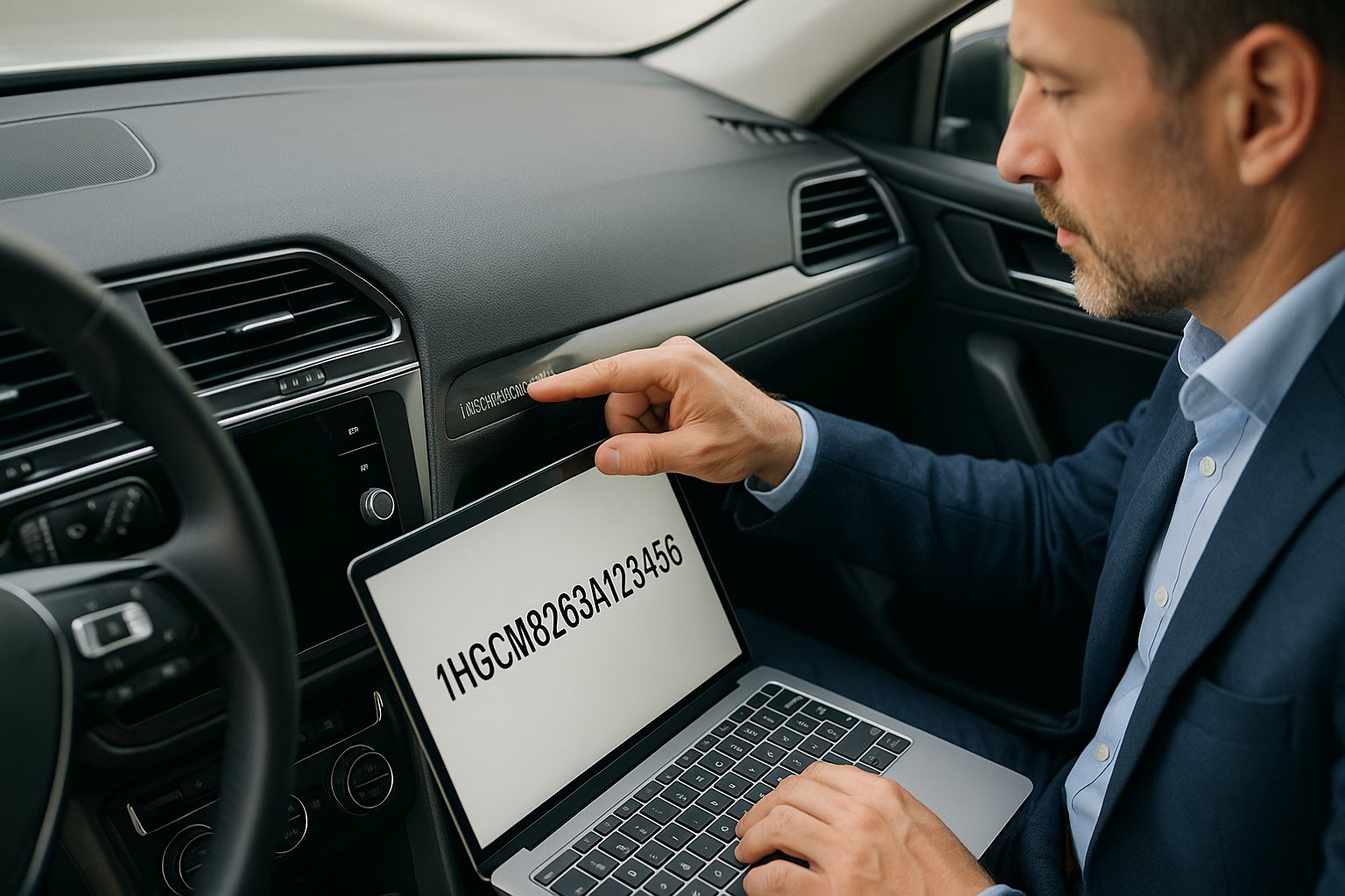 Man checking VIN on car dashboard and entering it into laptop – VIN history lookup