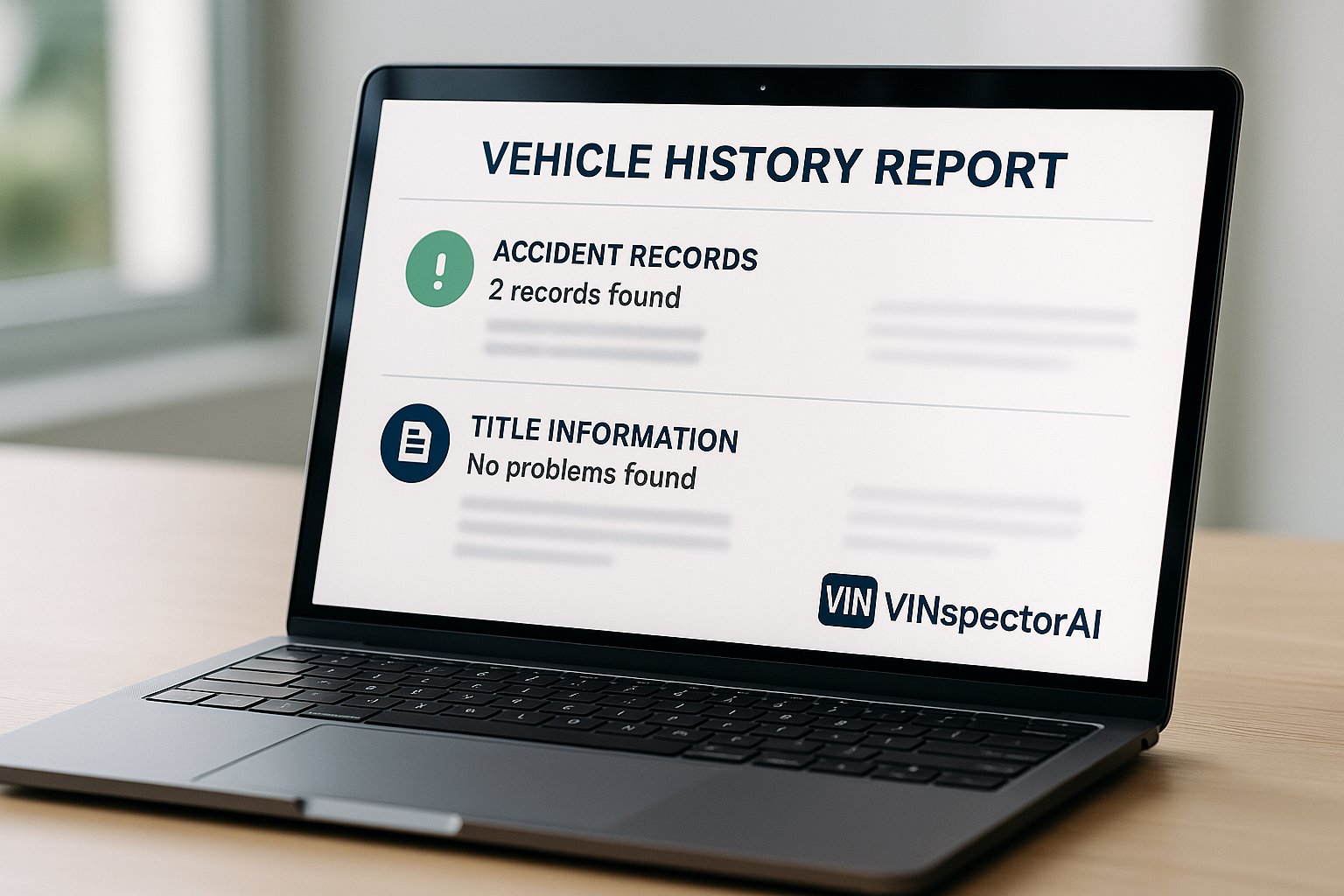 Sample VIN history report showing accident and title records – VINspectorAI