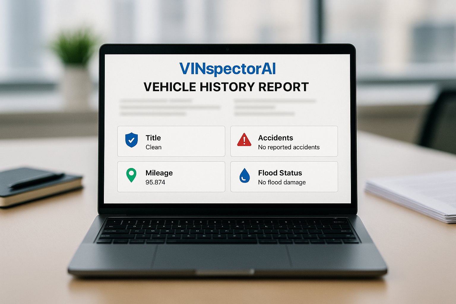 Vehicle history report example with title, mileage, accidents, and flood status – VINspectorAI