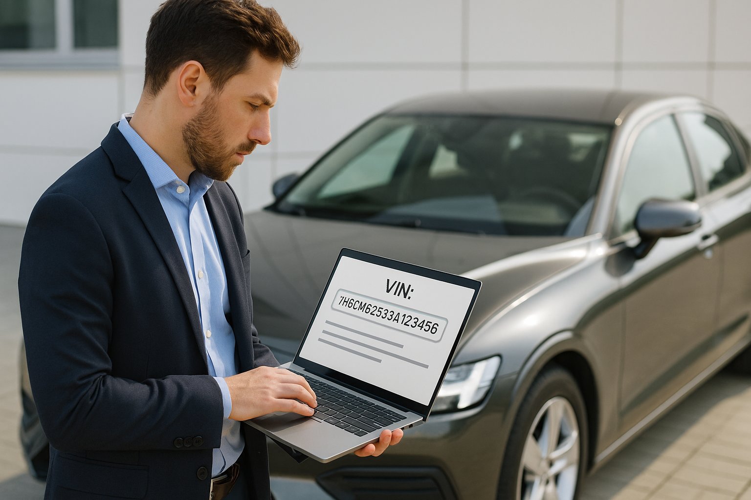 Man checking car VIN number on laptop – online VIN lookup process