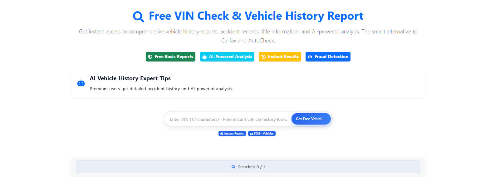 Free VIN check for recalls, theft, and technical specifications at VinspectorAI